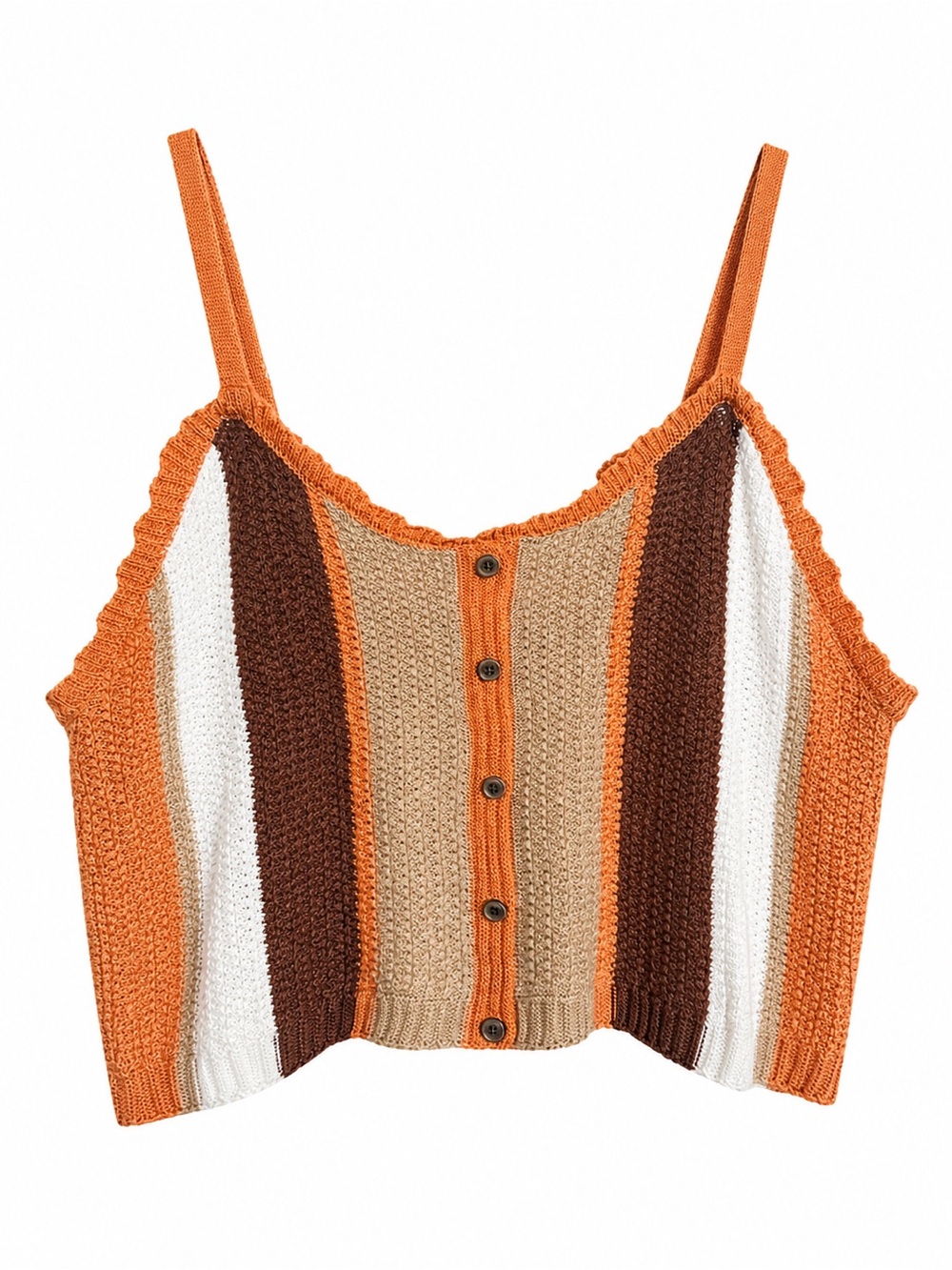 Almost Famous Striped Knit Button-Front Cami - Orange, Brown, Cream